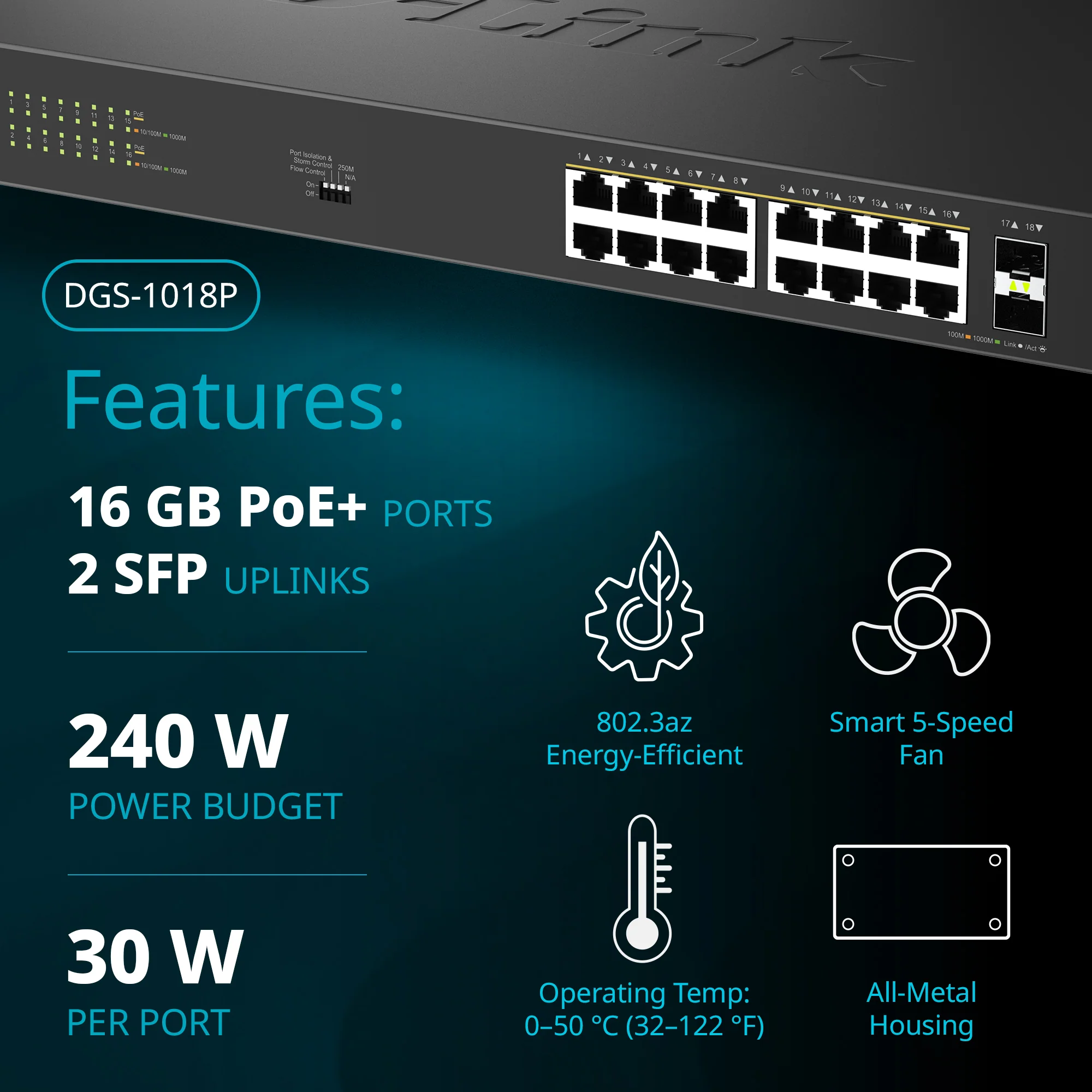16-Port Gigabit PoE+ Unmanaged Switch with 2 SFP Ports - DGS-1018P - Image 5