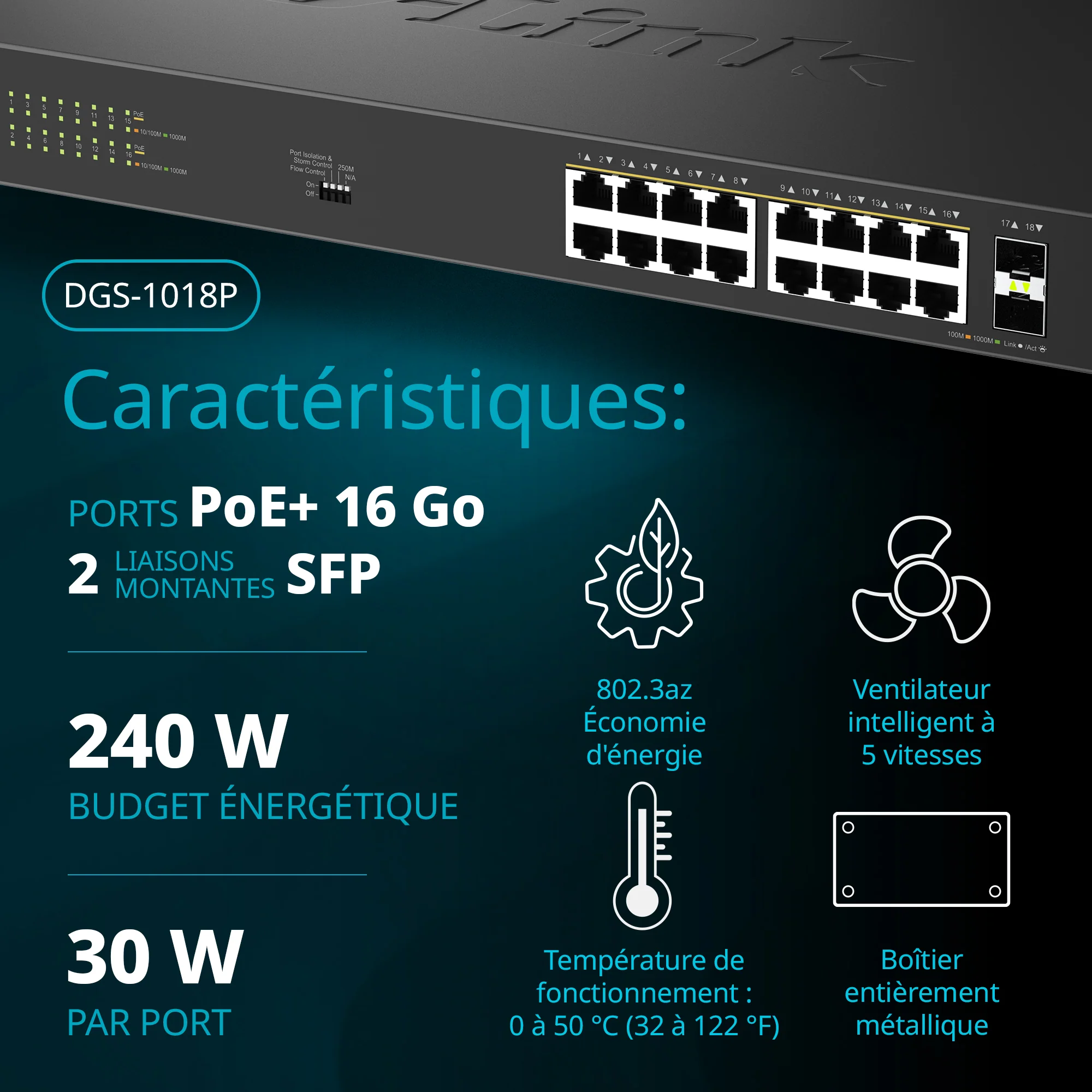 16-Port Gigabit PoE+ Unmanaged Switch with 2 SFP Ports - DGS-1018P - Image 6