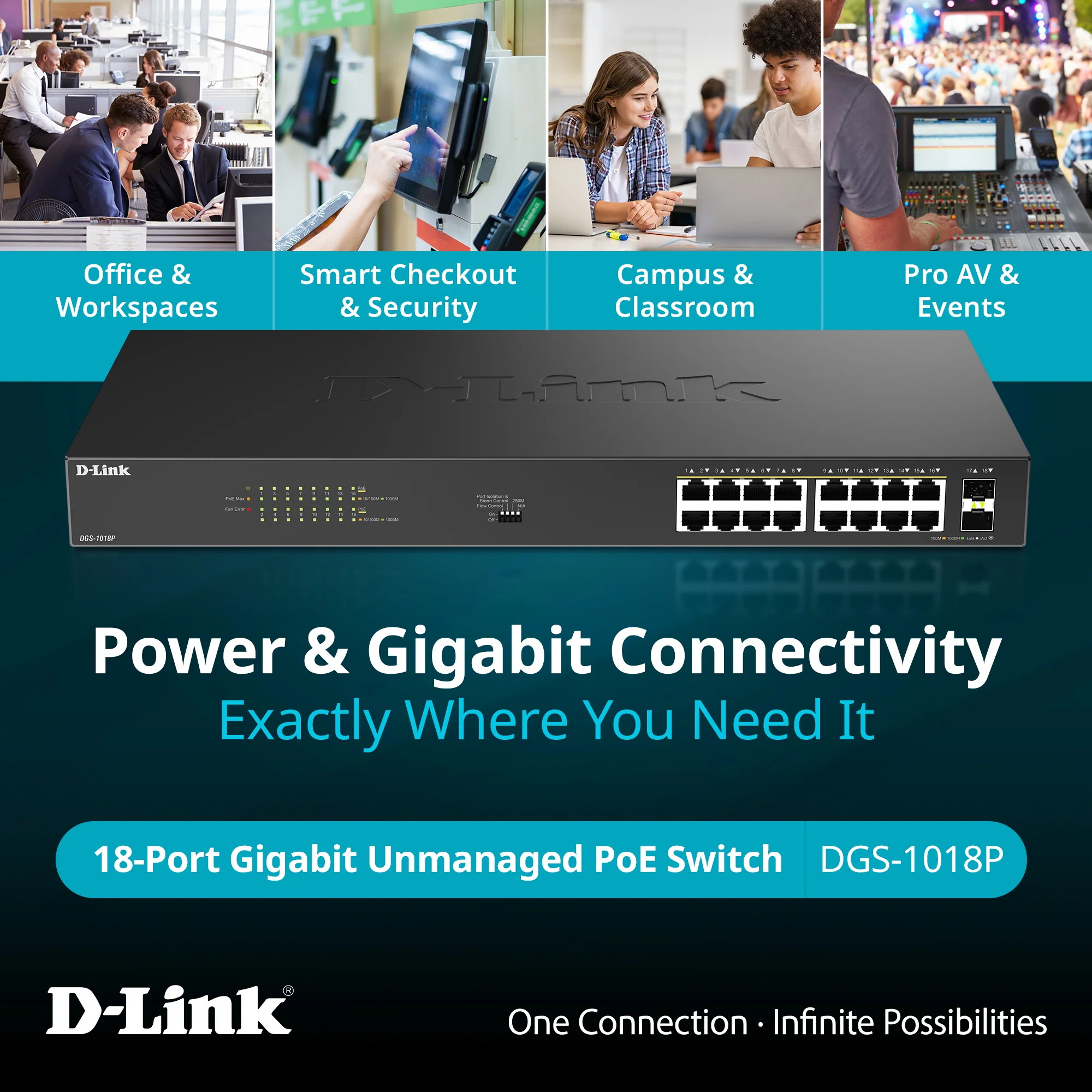 16-Port Gigabit PoE+ Unmanaged Switch with 2 SFP Ports - DGS-1018P - Image 9