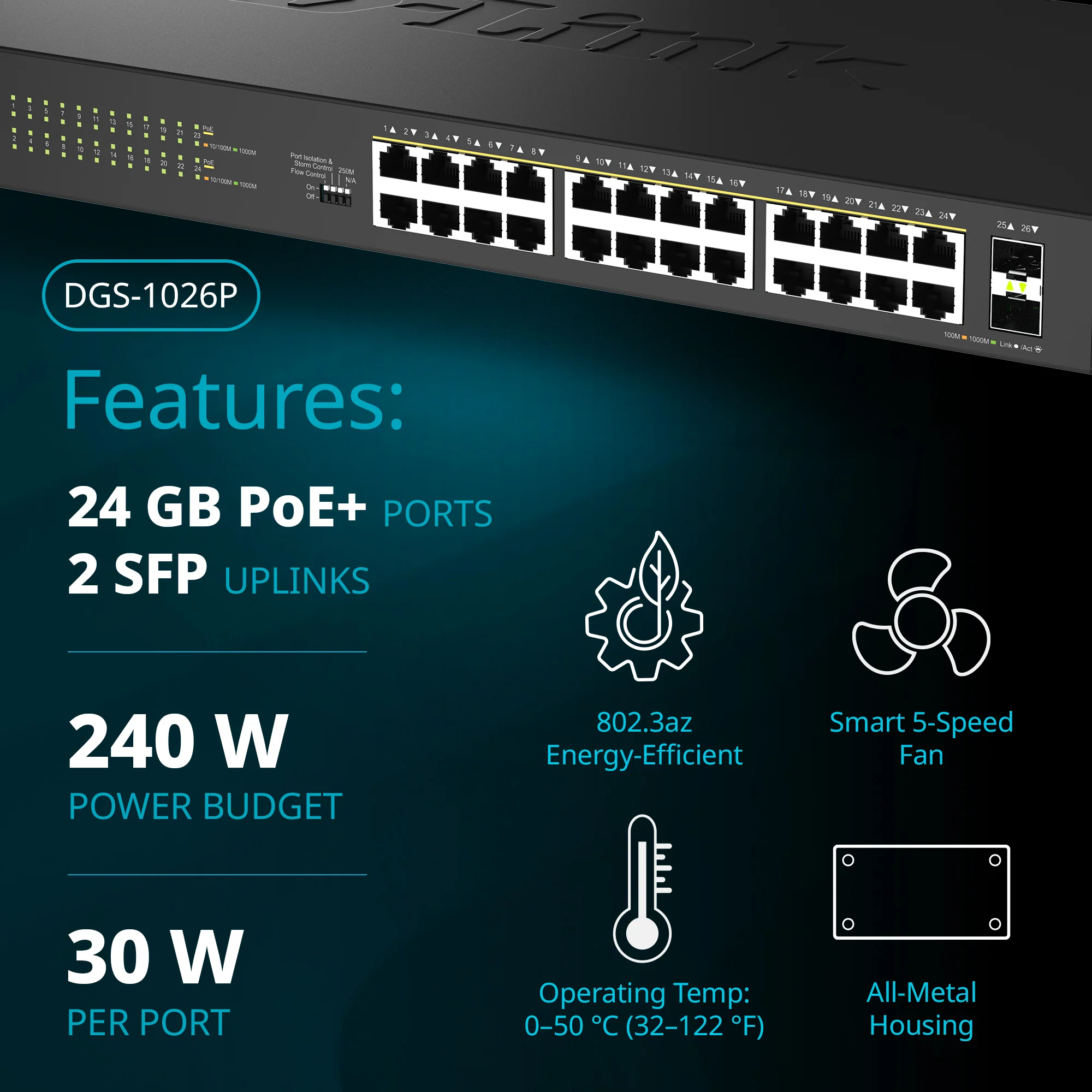 24-Port Gigabit PoE+ Unmanaged Switch with 2 SFP Ports - DGS-1026P - Image 10