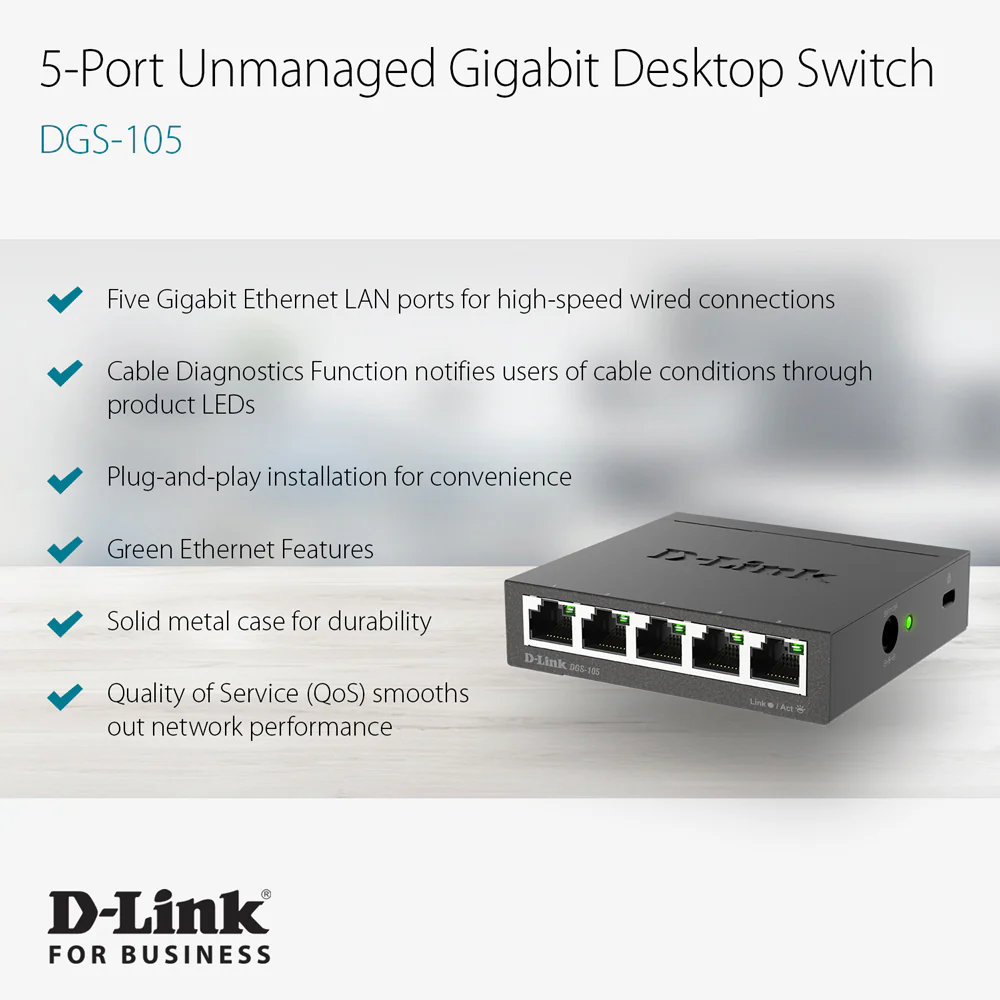5-Port Unmanaged Gigabit Metal Desktop Switch - DGS-105 - Image 5