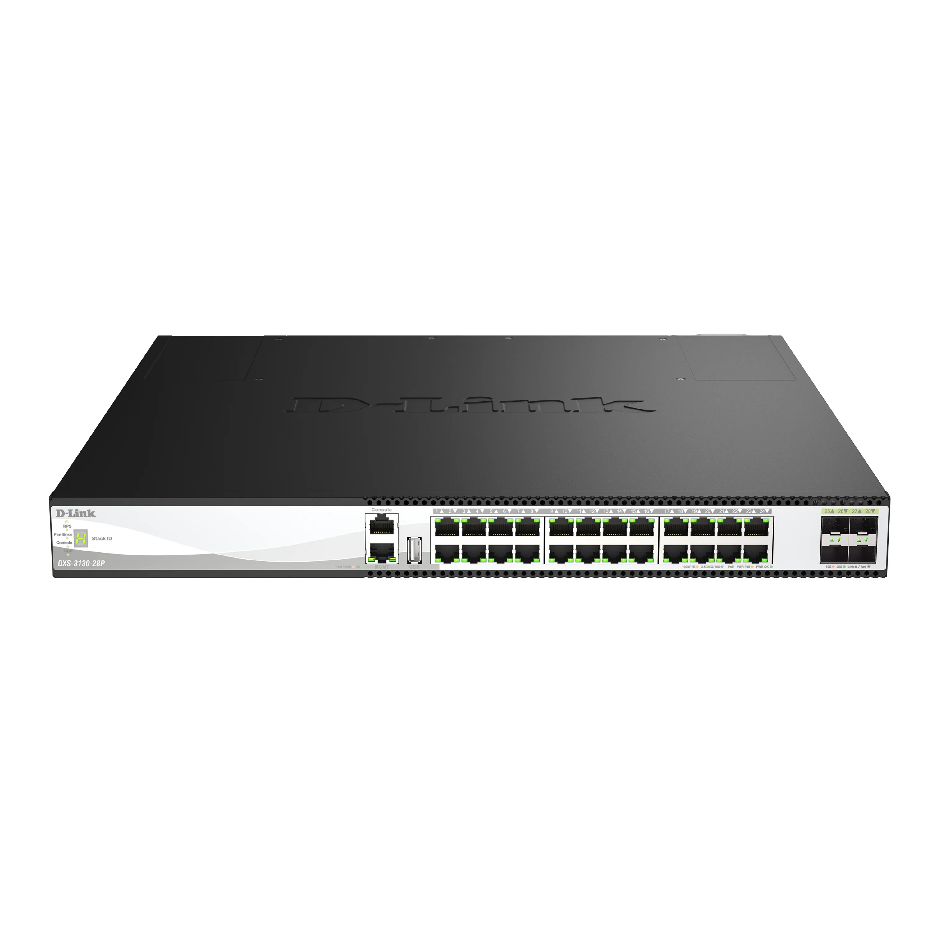 D-Link 28-Port 10GbE Multi-Gig PoE++ Layer 3 Stackable Managed Switch (DXS-3130-28P) 24-Port 10GE PoE++ Ports, 4Ă—25GbE SFP28 Uplinks, 790W (Up to 1440W), Redundant PSUs, Surge Protection, Rack-Mountable, Follows NDAA/TAA, Lifetime Warranty