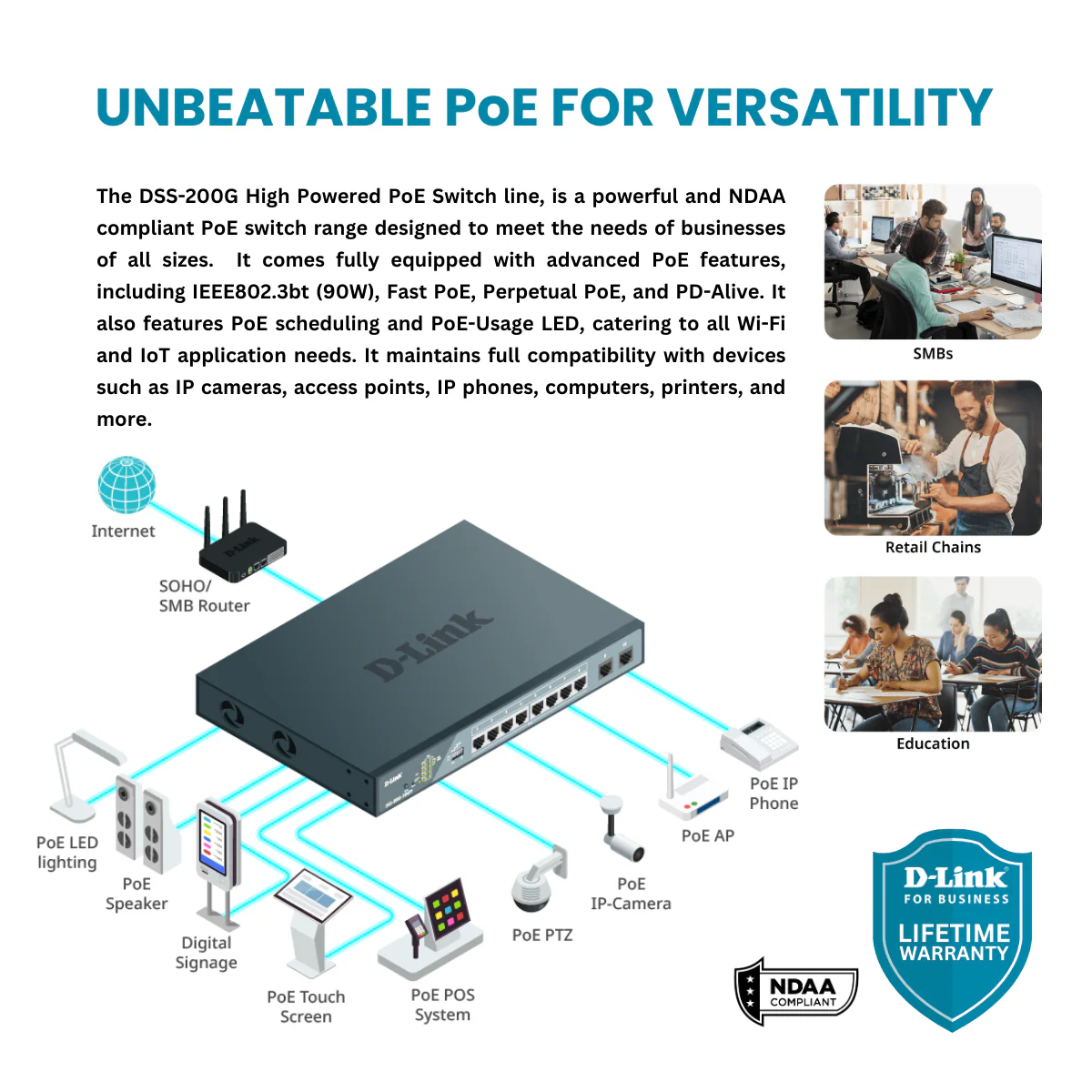D-Link 8-Port Gigabit PoE+ Smart Managed Switch with 2 SFP Ports - DSS-200G-10MP - Image 4